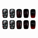 Black short square nails with grey skulls and dark red rose artwork