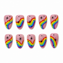 Pink almond nails with rainbow waves black starbursts and dots