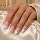 White Lace Shell & Gold Star Almond Press-On Nails worn on hand