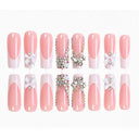 Pink white bow rhinestone coffin press-on nails