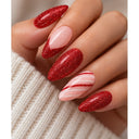 Red glitter striped almond press-on nails worn on hand