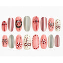 Pink bow striped Christmas oval press-on nails