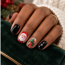 Black Santa and Christmas tree short square nails — hand