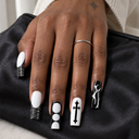 Black white cross silver thread long square nails — hand