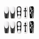 Black white cross silver thread long square nails — hero