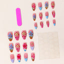 Blue gold floral and tiger French almond nails — supplier reference