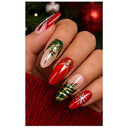 Red green and nude Christmas almond press-on nails worn on hand
