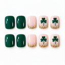 Green shamrock gold glitter short square nails — hero