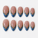 Metallic blue French and gold wave almond nails — hero