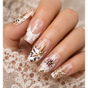 Nude white floral gold square press-on nails worn on hand