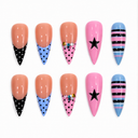 Pink and blue star, stripe and polka dot stiletto press-on nails – ten nail design