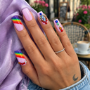 Rainbow stripe and colourful crystal long square nails — hand
