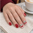 Ruby red glitter cherry short square nails — hand