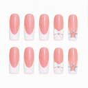 Ten white French long square nails with pink bases, white bows and crystal star accents