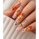 Orange floral ombre coffin press-on nails worn on hand