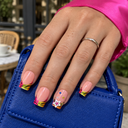 Neon zebra French square nails worn on a cobalt bag with pink satin sleeve