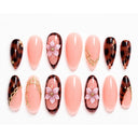 Pink tortoiseshell floral almond press-on nails