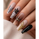 Neutral zebra floral coffin press-on nails worn on hand
