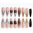Neutral zebra floral coffin press-on nails