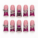 Ten long flared duck press-on nails with pink and black animal-print tips and silver-tone charms