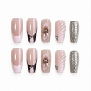 Pink and black French floral shell square press-on nails – ten nails on white