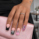 Pink black portrait silver cross square press-on nails — hand