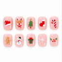 Pink Christmas icons short square press-on nails – ten nails on white