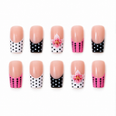 Pink floral mixed polka dot square press-on nails – ten nails neatly aligned on white