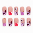 Pink and lilac floral polka dot square press-on nails