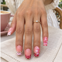 Pink red floral polka dot square press-on nails — hand