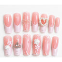 Pink white floral square press-on nails