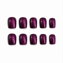 Ten short square deep plum nails with fine magenta shimmer on white