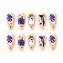 Purple witch skull and ghost Halloween almond press-on nails – ten nails on white