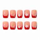 Ten short square red French nails with white daisies, gold curves and side crystal accents