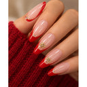 Red French almond press-on nails with gold details worn on hand