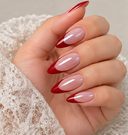 Red French almond press-on nails worn on hand
