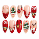 Red and nude Christmas almond press-on nails with tree, snowflake, bell and reindeer nail art