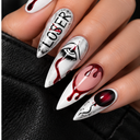 Red pink white blood drip almond press-on nails worn on hand