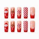 Ten long red ombre square nails with Santa, reindeer, peppermint and white snowflakes