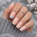 Silver glitter snowflake square press-on nails worn on hand