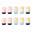 Ten short square black French and aqua ombre nails with strawberries lemons and white starfish