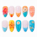Ten colourful tropical almond nails with raised flowers starfish pearls and teal shell details