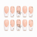 Ten long square white French nails with silver crystal heart and butterfly accents